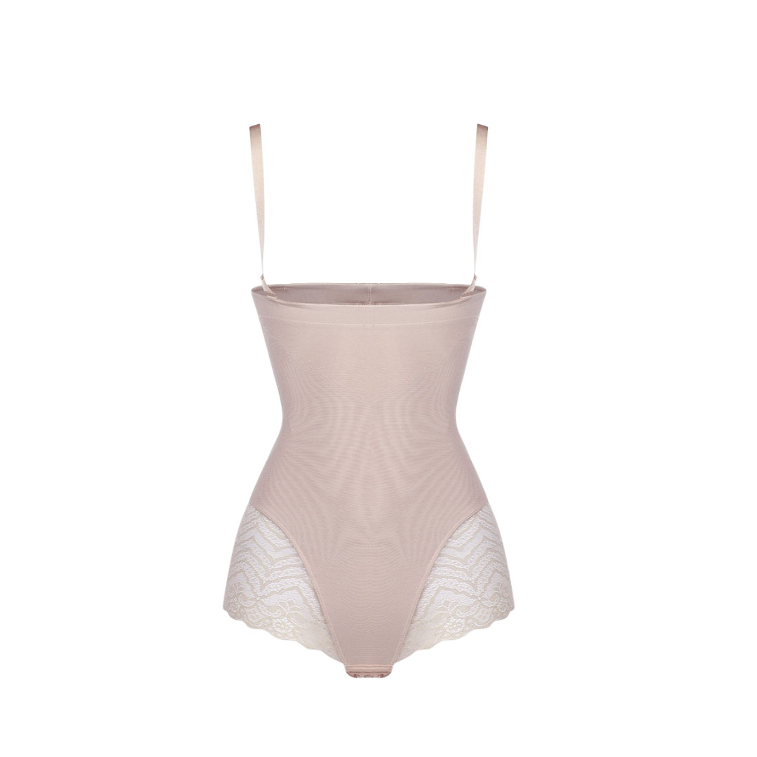 Highwaist WonderTuck low compression shapewear with lace seams and removable shoulder straps in Nude