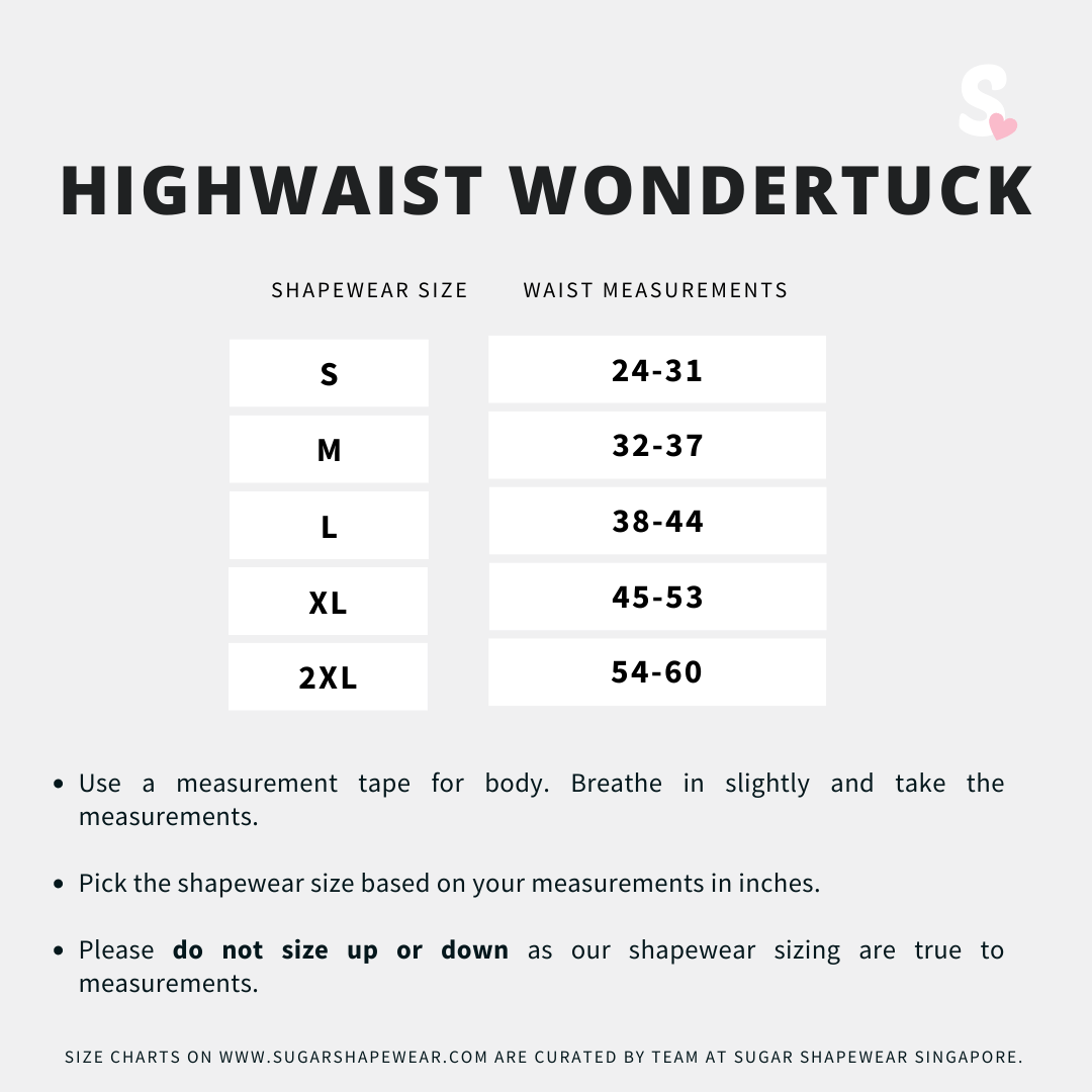 Highwaist WonderTuck low compression shapewear size chart S to 2XL, and how to measure effectively
