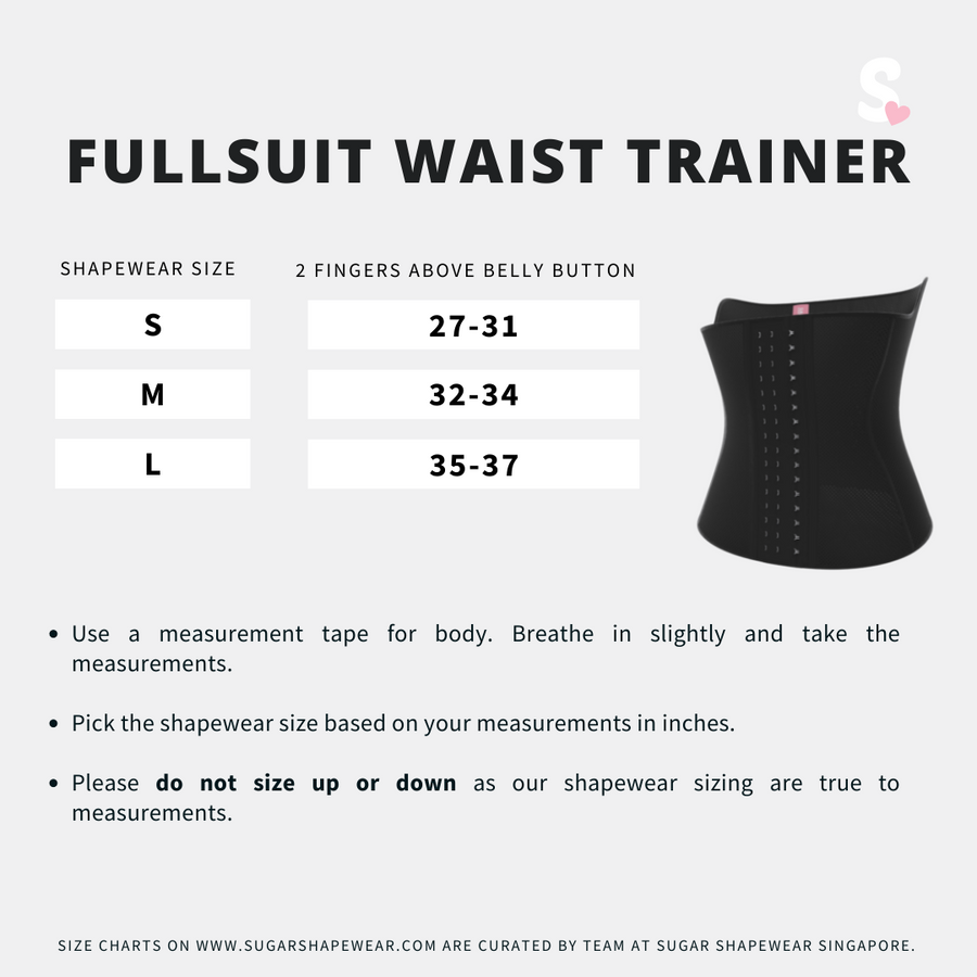 Full Suit latex waist trainer with higher back coverage for longer torso and tall women size chart S to L, and how to measure effectively