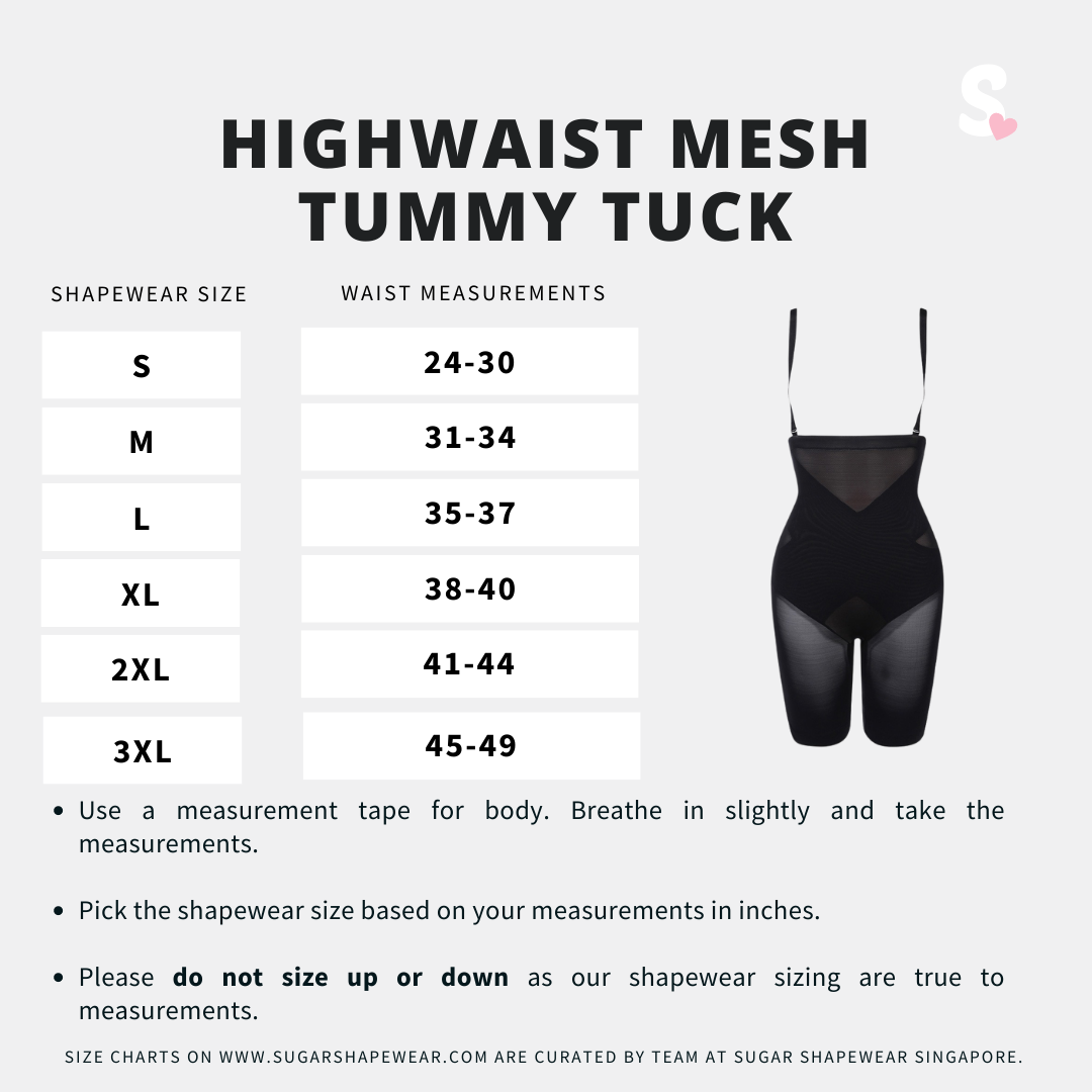 Highwaist Mesh Tummy Tuck high compression shapewear size chart S to 3XL, and how to measure effectively