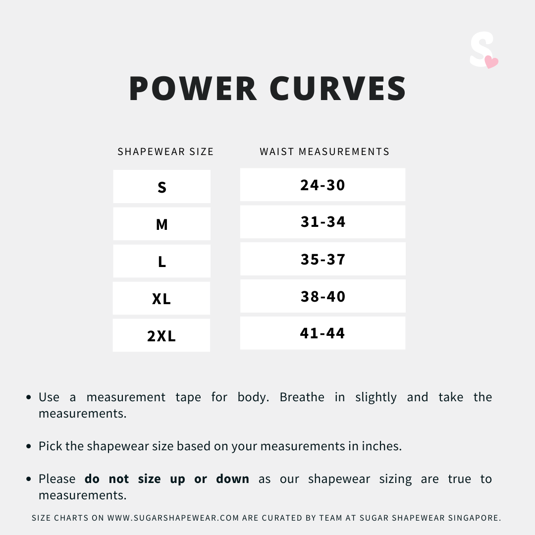 Power Curves size chart in S to 2XL, and how to measure effectively